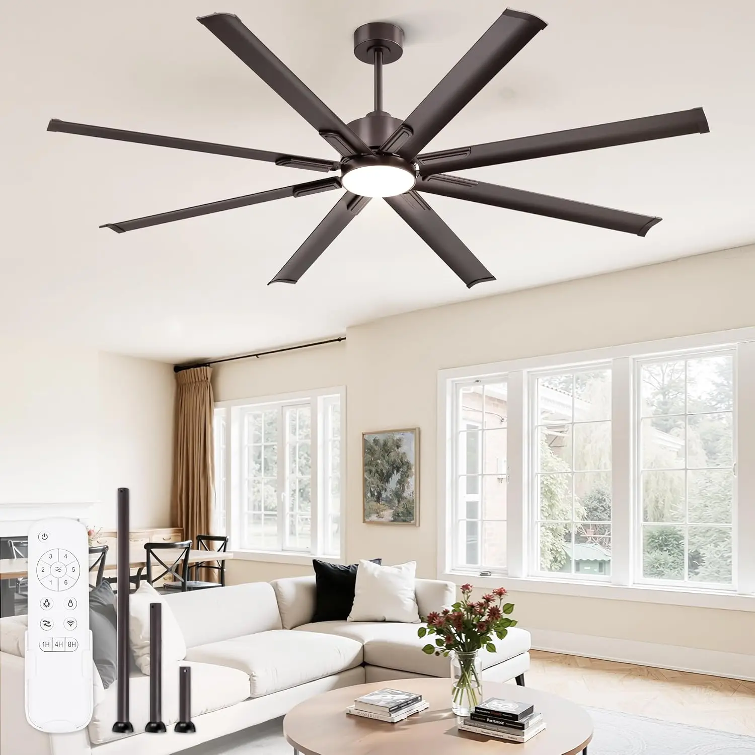 

72-Inch Industrial Ceiling Fan with Lights, 3CCT Selectable, 8 Reversible Aluminum Blades, Quiet DC Motor, 6-Speed Remote Control, Indoor/Outdoor Ceiling Fan for Patio, Garage, Porch, Oil Bronze