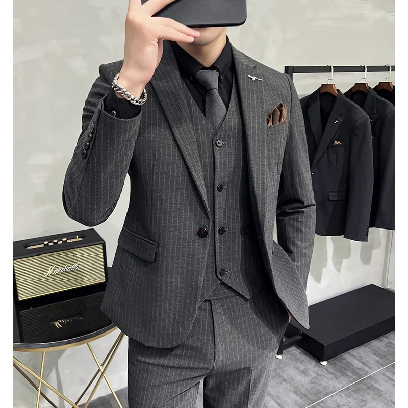 2-G3 Light mature Korean style slim striped suit for men, handsome and advanced ting, simple groom dress three-piece suit for me