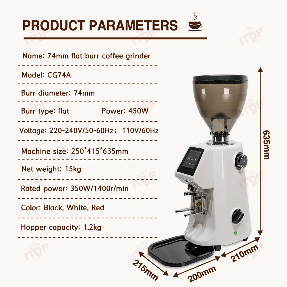 ITOP CG74A Commercial Coffee Bean Grinder 74mm Flat Burr Touch screen Quantitative Grinder Coffee Grinding Machine 110 220V