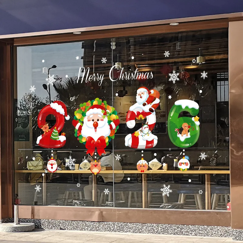 

2026 Рождественские статические наклейки на стену, декоративные наклейки, украшение для вечеринки, Санта-Клаус, самоклеящиеся наклейки на стеклянные окна