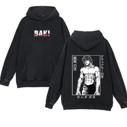 Anime Baki Hanma Washed Hoodies Pullover Casual 100% Cotton Hip Hop Men's and Women's Vintage Retro Black Hooded Sweatshirt