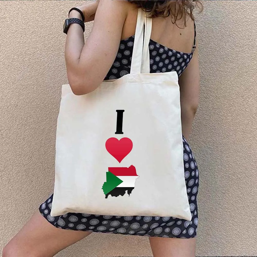 Love Sudan Map Heart Sudanese National Flag COUNTRY Arabic Fashion Shoulder Canvas Totes Bags Harajuku Shopping Shopper Handbags