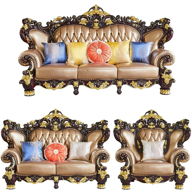 

Solid wood double-sided carved European leather living room cowhide large apartment leather villa leather