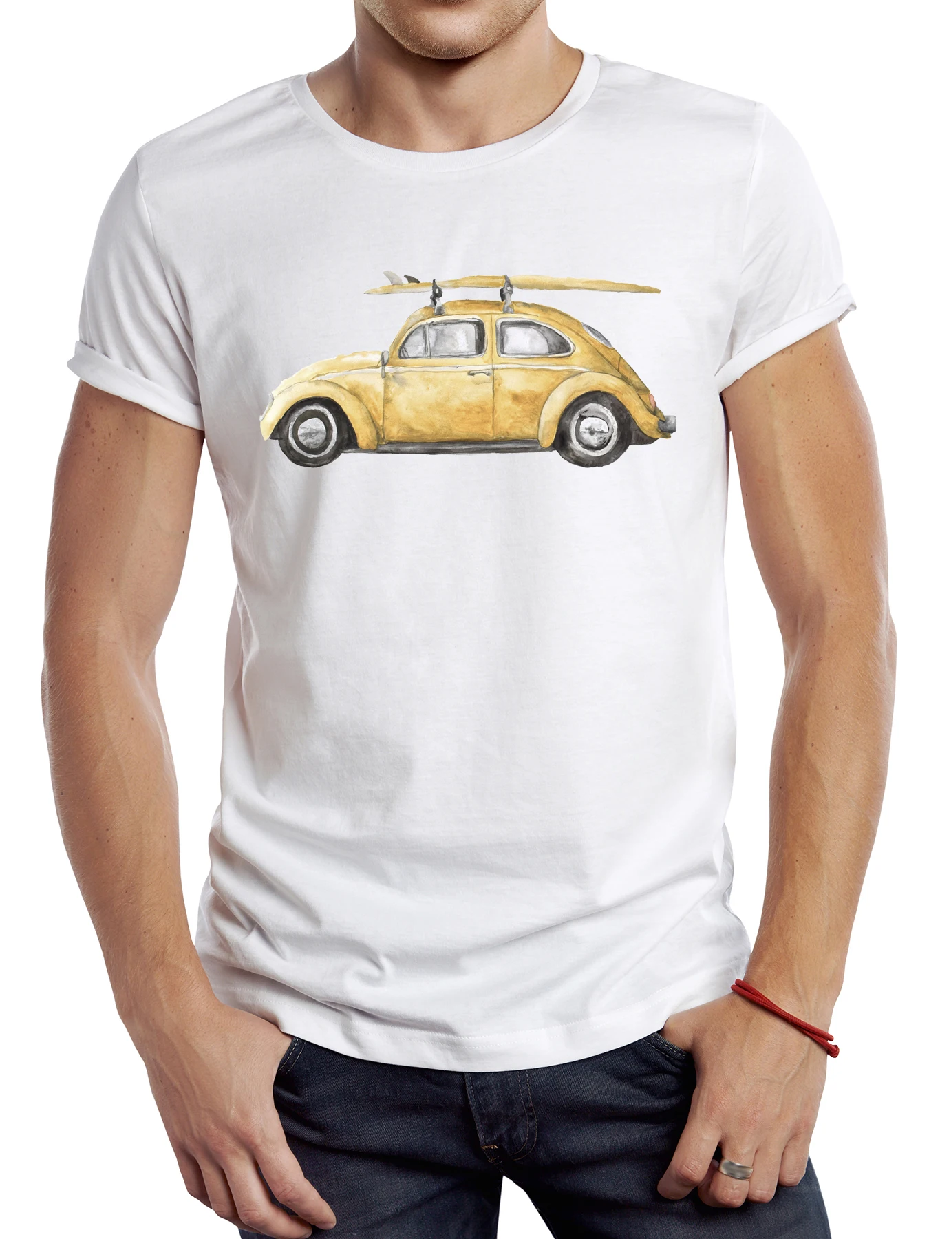 

FPACE Vintage Surf Beetle Car Men T Shirt Casual Surfing Male Tops Hipster Retro Yellow Car Printed Tee
