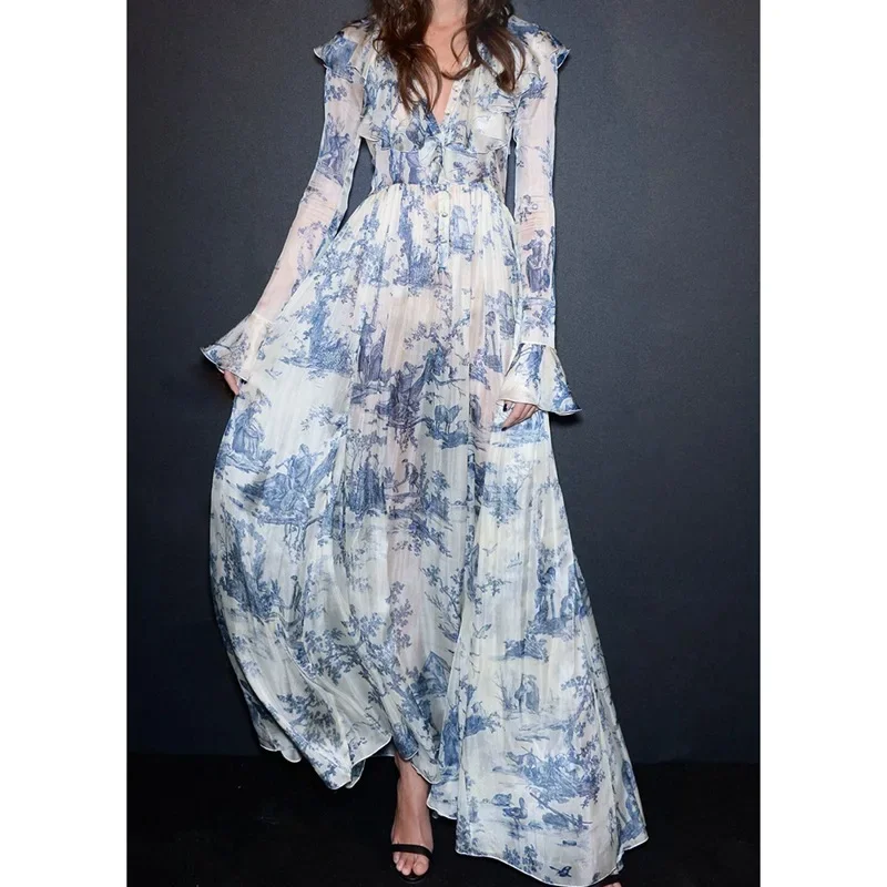 

Summer Vacation Style Stand up Collar Ink Print Shirt dress Elegant Long Dress maxi dresses for women dress women clothing