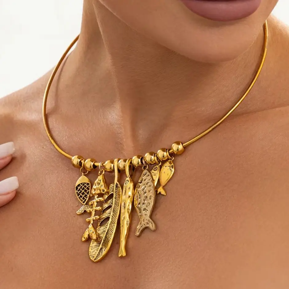 SHIXIN Creative Exquisite Gold Color Feather Texture Fish Pendant Necklace Women Adjustable Copper Choker Daily Jewelry Accessor