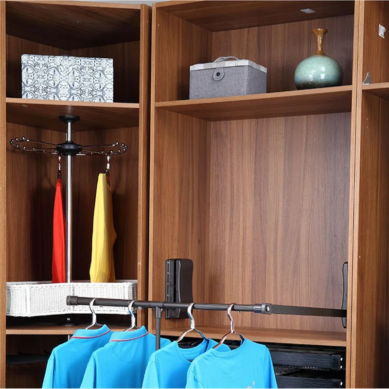 Double buffer wardrobe lifting pull-down hanger rod automatic return high cabinet wardrobe telescopic hanger hardware accessorie