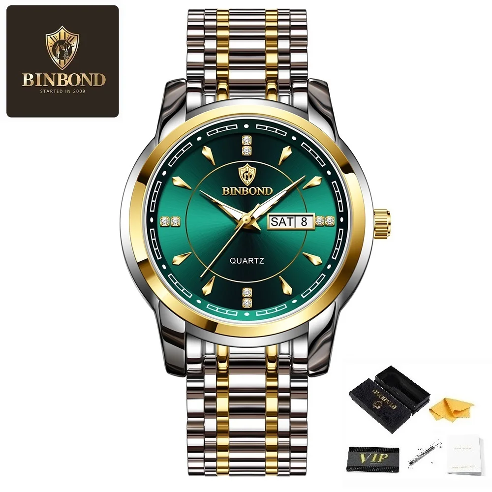 

BINBOND Top Luxury Men's Watch with Luminous Hands Displaying Date and Week Waterproof Watch Stainless Steel Quartz Watch