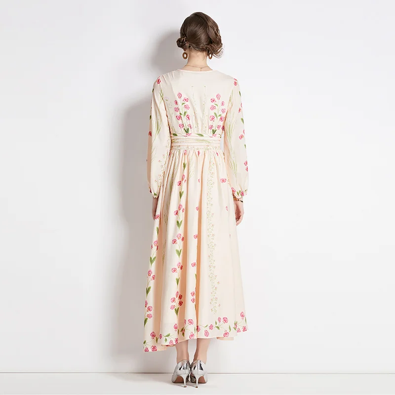 2024 Spring New Apricot Silk Flower Printed Long sleeved Dress for Women O-Neck Spliced Waist Slimming A-line Skirt Long Dress