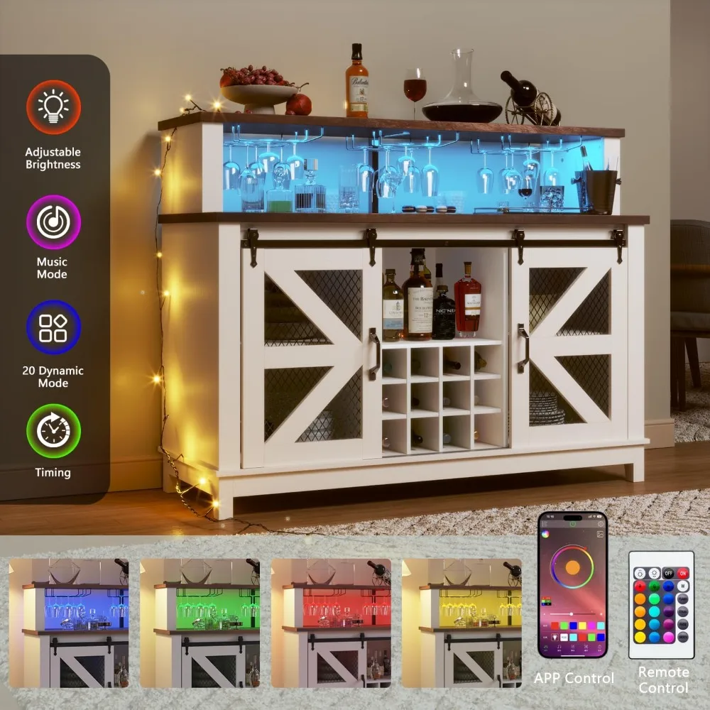 Lemari Bar Kopi 55" dengan Lampu LED, Lemari Bar Anggur Farmhouse untuk rumah dengan rak gelas anggur, Lemari Prasmanan Dapur