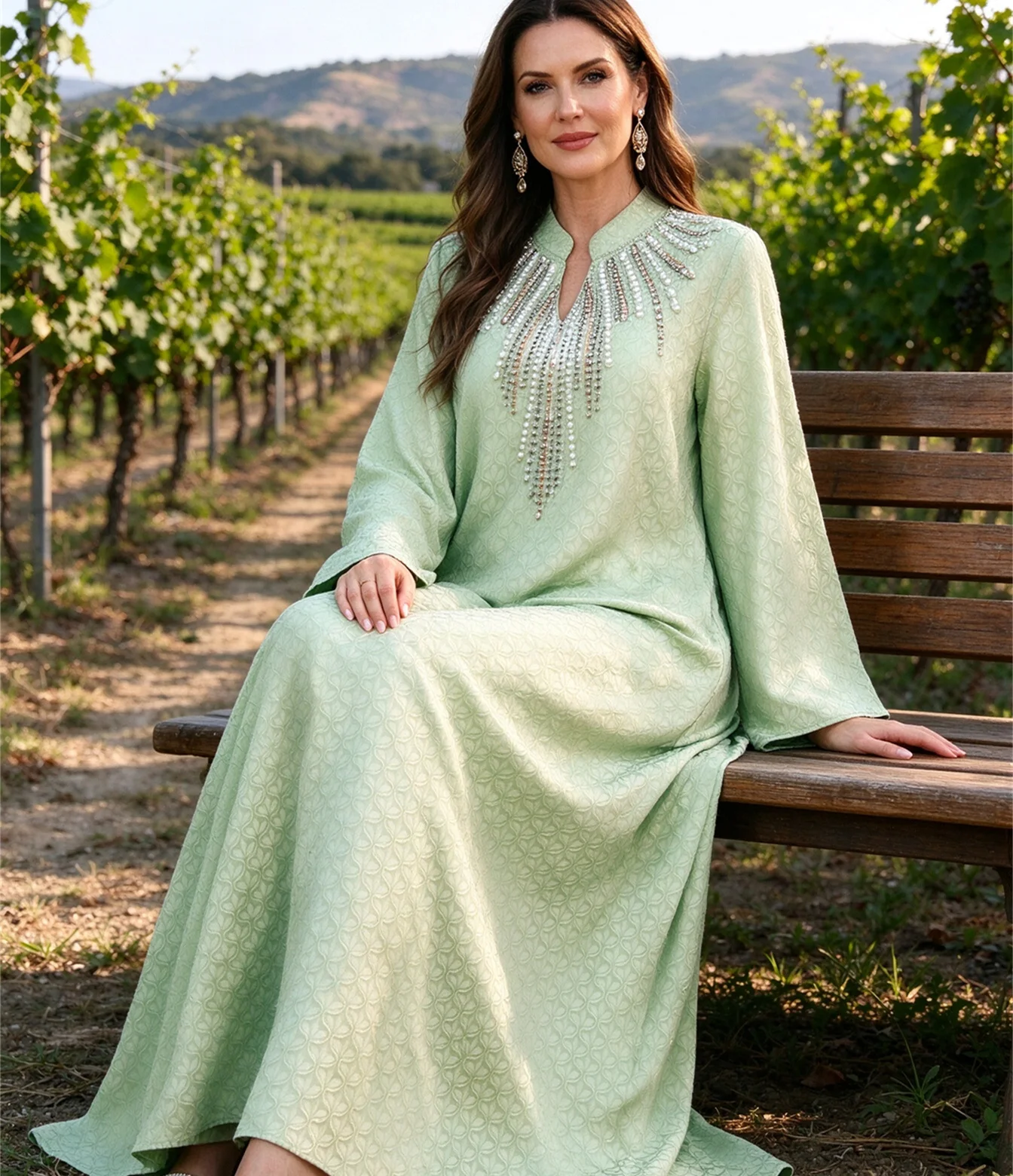 Women Stand Collar Long Sleeve Abaya Rhinestone Jacquard Maxi Dress Muslim Evening Party Kaftan Formal Gown Turkey Arab Islamic