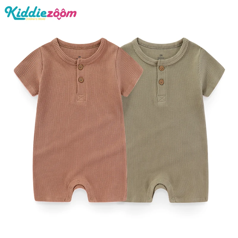 Baby solid colored threaded short sleeved jumpsuit Baby pajamas for boys and girls aged 0-24 months