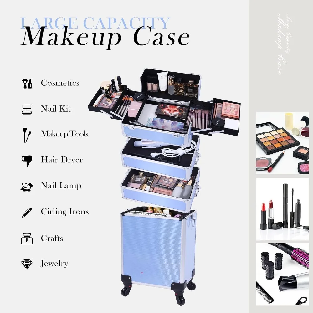 5-in-1 Rolling Makeup Train Case, Large Professional Cosmetic Trolley with 360° Swivel Wheels, Lockable Aluminum Travel Case for Artists view 6