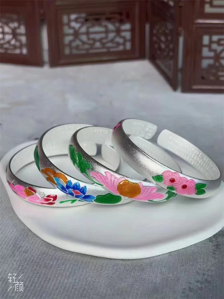 

Lotus S999 Pure Silver Cloisonne Enamel Colored Ancient Method Open Bracelet as a Gift for Elderly Girlfriend Jewelry