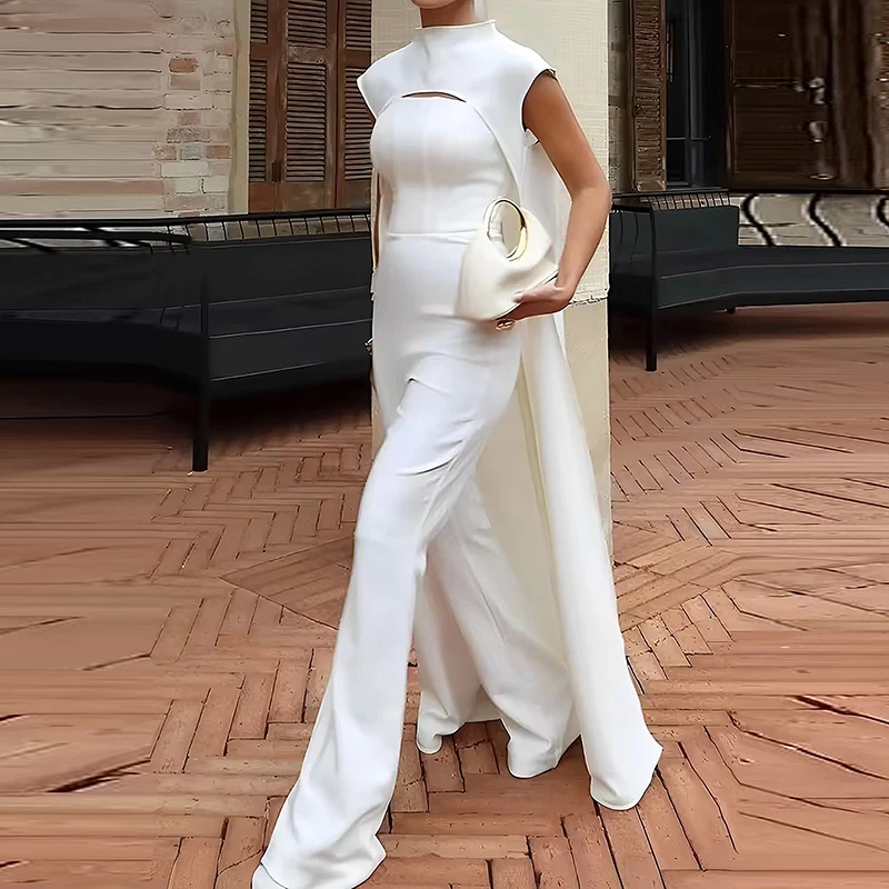 

Сексуальный комбинезон без рукавов с широкими штанинами, элегантная шаль, длинное пальто с комбинезоном, костюм из 2 предметов, модные уличные однотонные комплекты с круглым вырезом