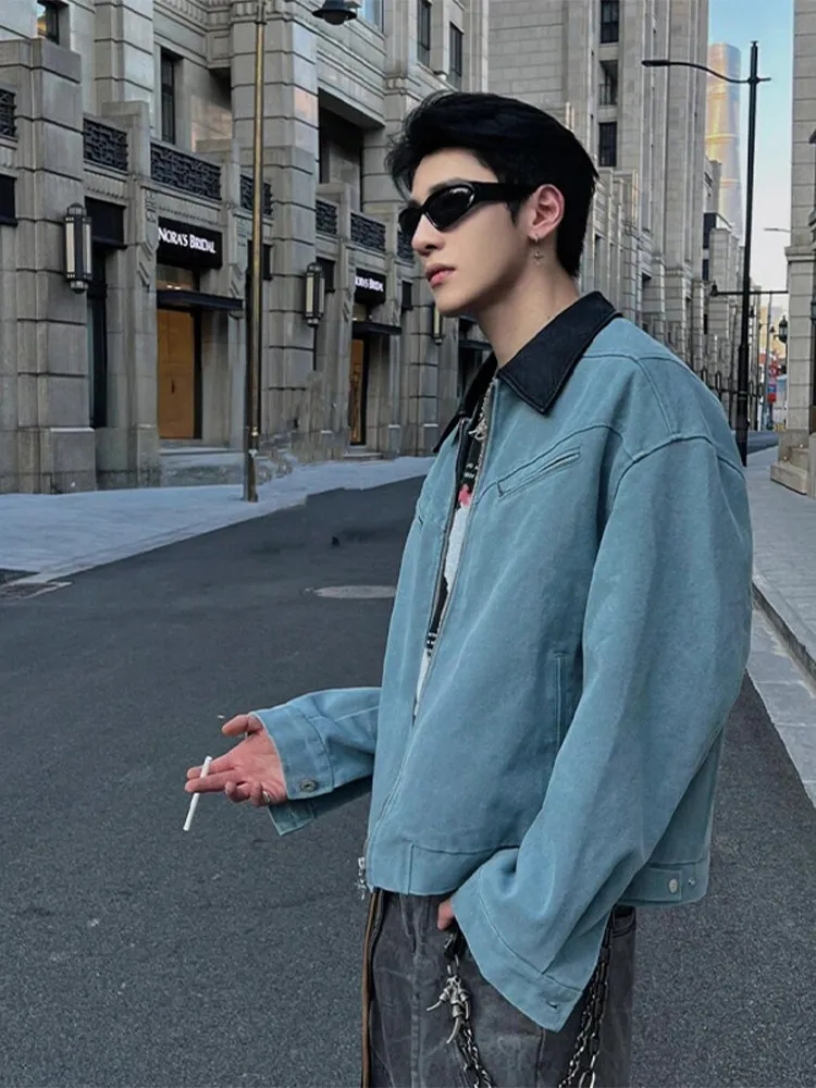 Washed Detroit Patchwork Leather Jacket Men's Autumn Cleanfit Deconstructed Plaid Collar Mountain Climbing Workwear Style Coat