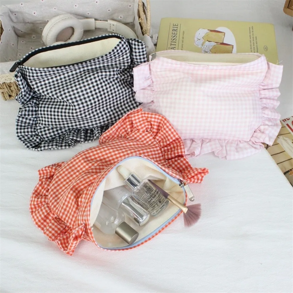 Multi-functional Ruffle Plaid Makeup Bag Large Capacity Portable Zipper Handbag Cosmetic Pouch Women Girls