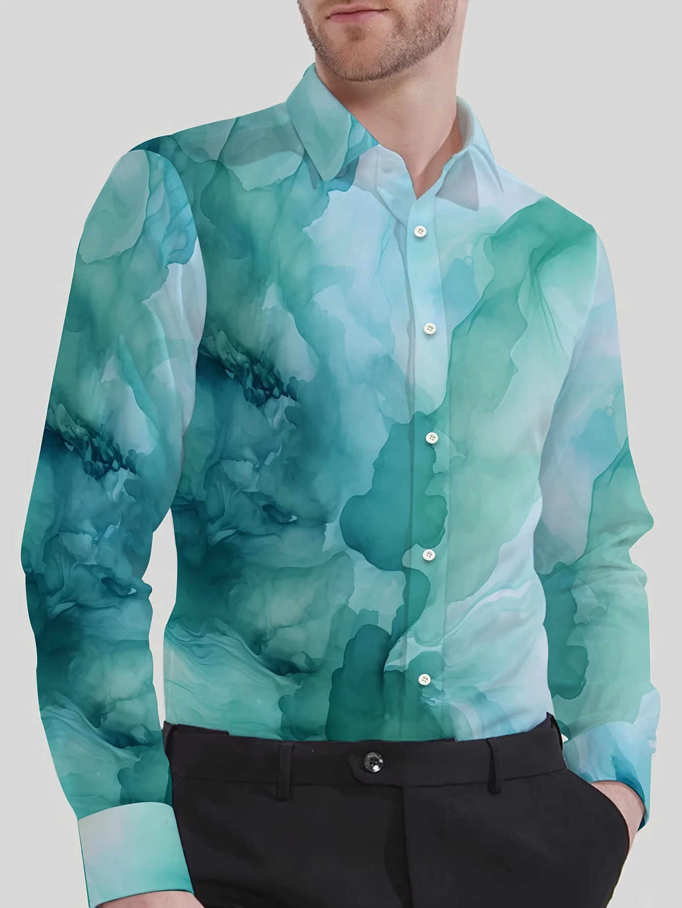 Men'S Stylish Dopamine Print Long-Sleeve Shirt , Button-Up, Regular Fit, All-Season Wear, Casual Attire