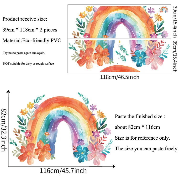 Bunte Blumen, Blätter, Regenbogen, Wandaufkleber, Kinderzimmer, Hintergrunddekoration, Tapete, Schlafzimmerdekoration, selbstklebende Wandaufkleber für Zuhause – Detail 1