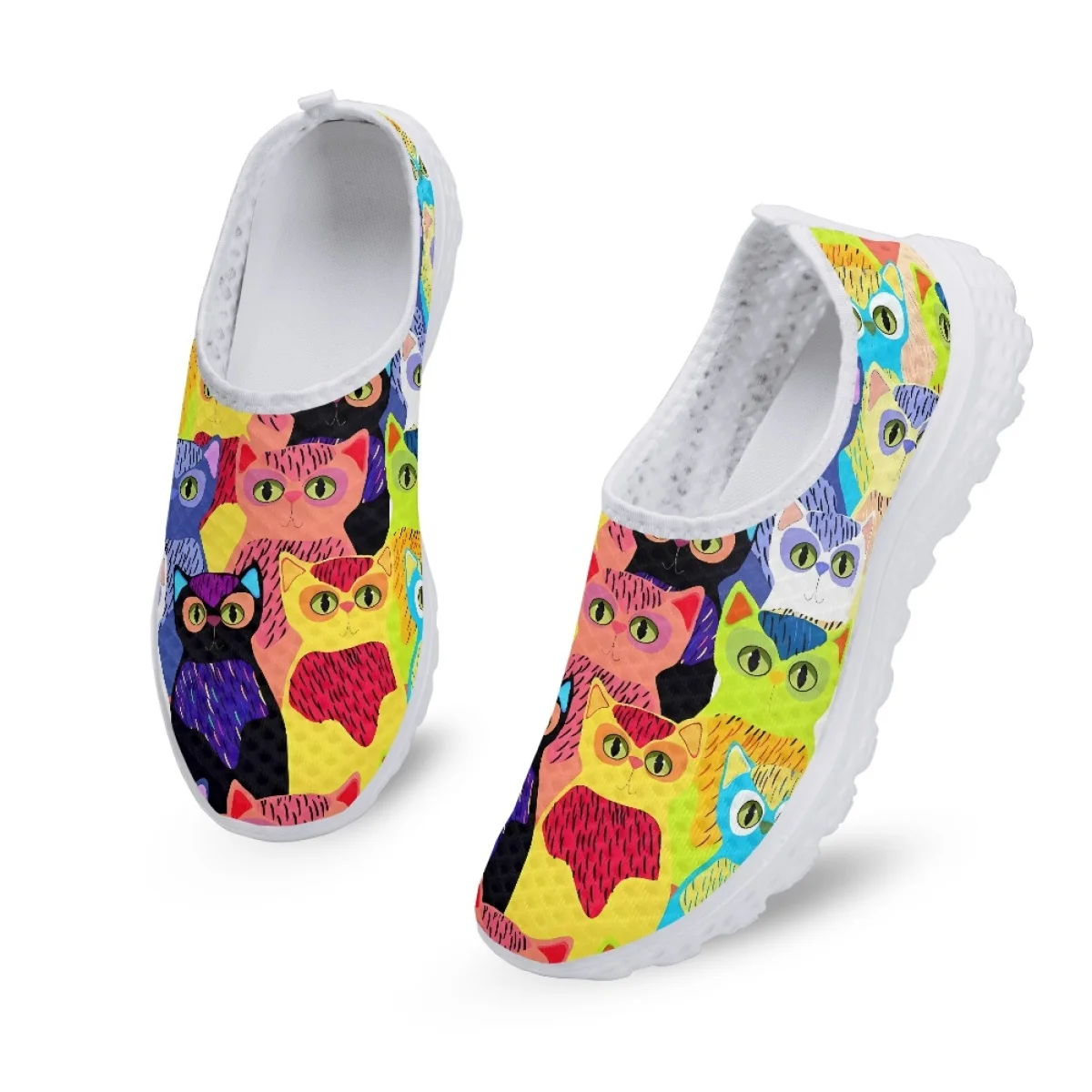 Colorful Cartoon Print Cat Ladies Spring Summer Mesh Shoes  Lightweight Indigenous Art Design Sneakers Classic Walking Footwear