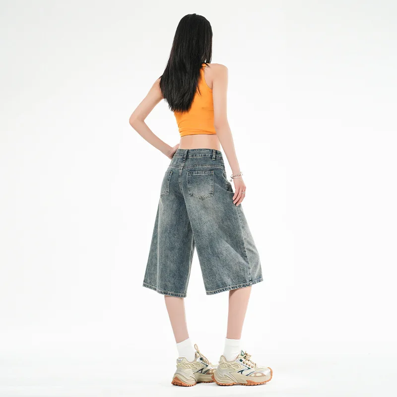 American Retro Street Style Sweet And Spicy Women's 7/8 Length High Waist Straight Leg Denim Jeans Casual Elegant Fashion