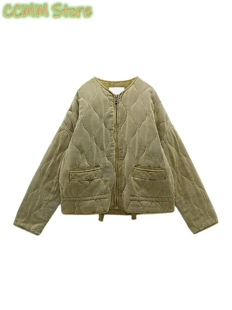 Women's New Zipper Warm Jacket Autumn and Winter Long Sleeve Round Neck Padded Solid Color Coat Women Fashionable Tops