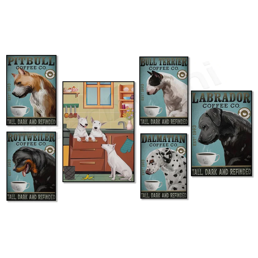 Bulldog, Dobermann, Dalmatiner, Bulldog, Bullterrier, Labrador Coffee Company Poster, Hunde-Kaffee-Poster, Geburtstagsgeschenk