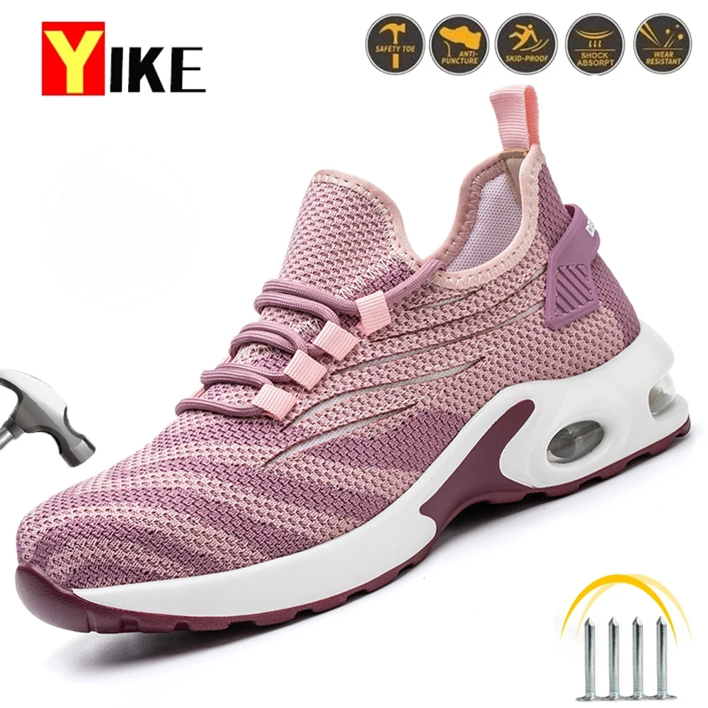 Fashion Women Safety Shoes Lightweight Comfortable Work Boots for Ladys Indestructible Anti-smashing Construction Sneakers Pink