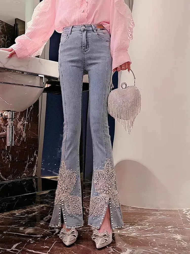 Women High Waist Jeans Floral Embroidery Nailed Bead Inlaid Diamond Pearls Split Denim Micro Flared Pants Cowboy Trouser Female
