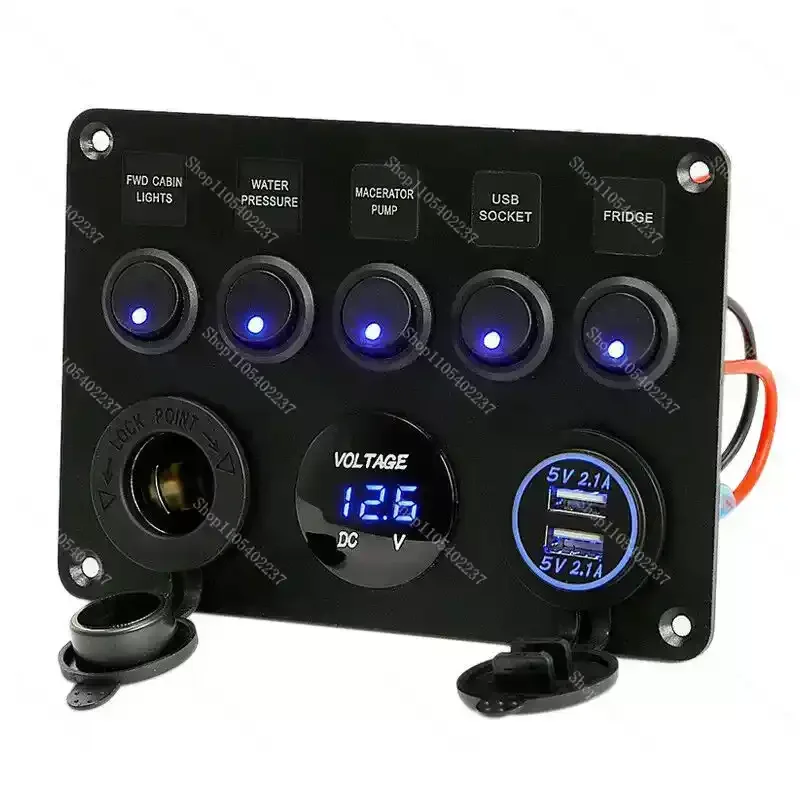 5 Way Round Rocker Switch Panel with USB Voltmeter Cigarette Lighter Socket 12V 24V Waterproof for Car Truck Marine Boat RV DIY