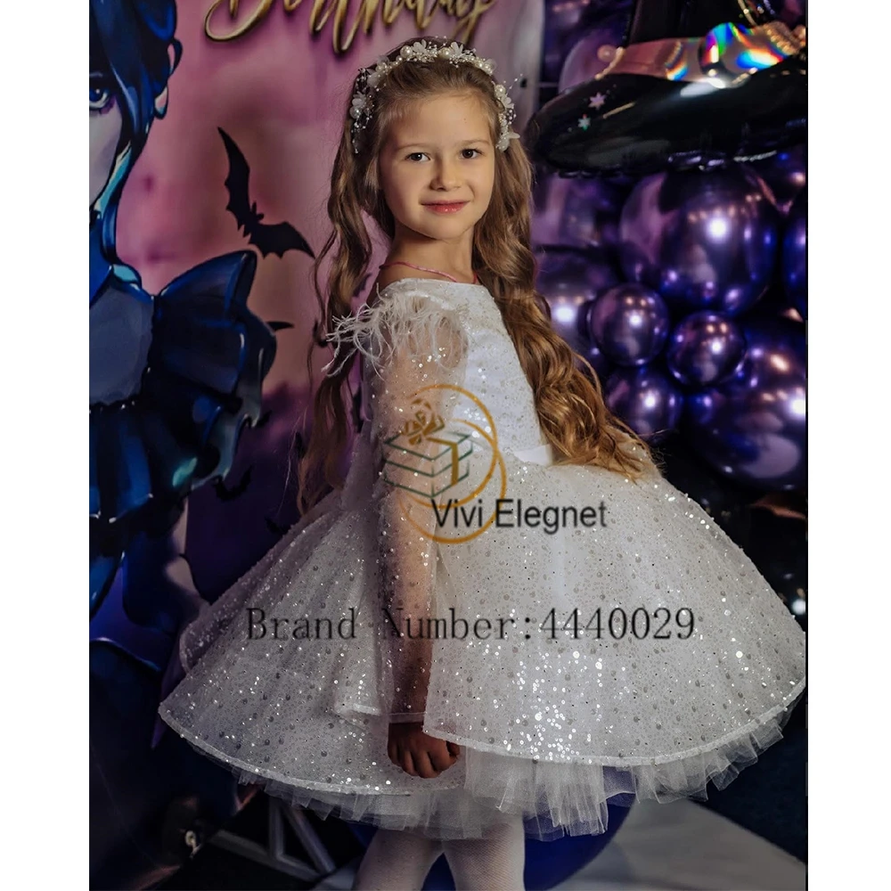 Scoop Iovry Flower Girls Dresses with Sequined 2024 Summer Full Sleeve Christmas Gowns for Princess Feather فلور فتاة اللباس