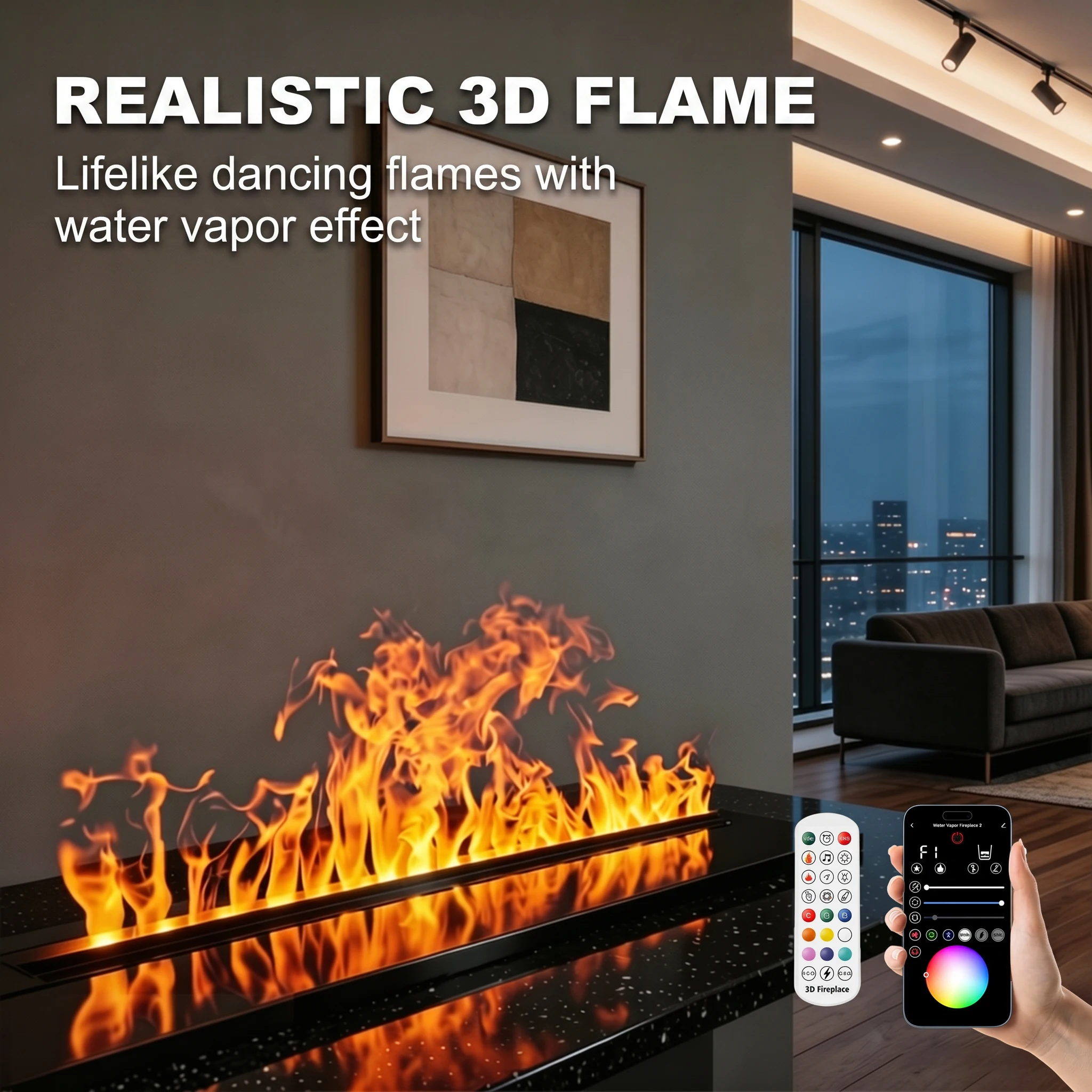 3D-Wasserdampf-Elektrokamin mit realistischer Flammenwirkung, Fernbedienung und App-Steuerung für TV-Wand und Wohnzimmerdekoration