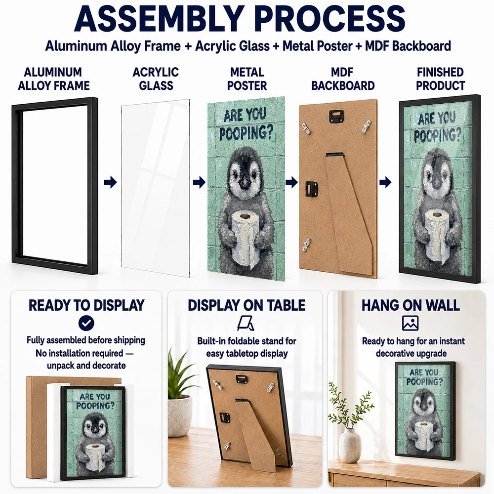 Penguin Holding Tissue Framed Metal Poster Personalized Photo Bold Humor Style Wall Art For Guest Bathroom Ideal Birthday Gift