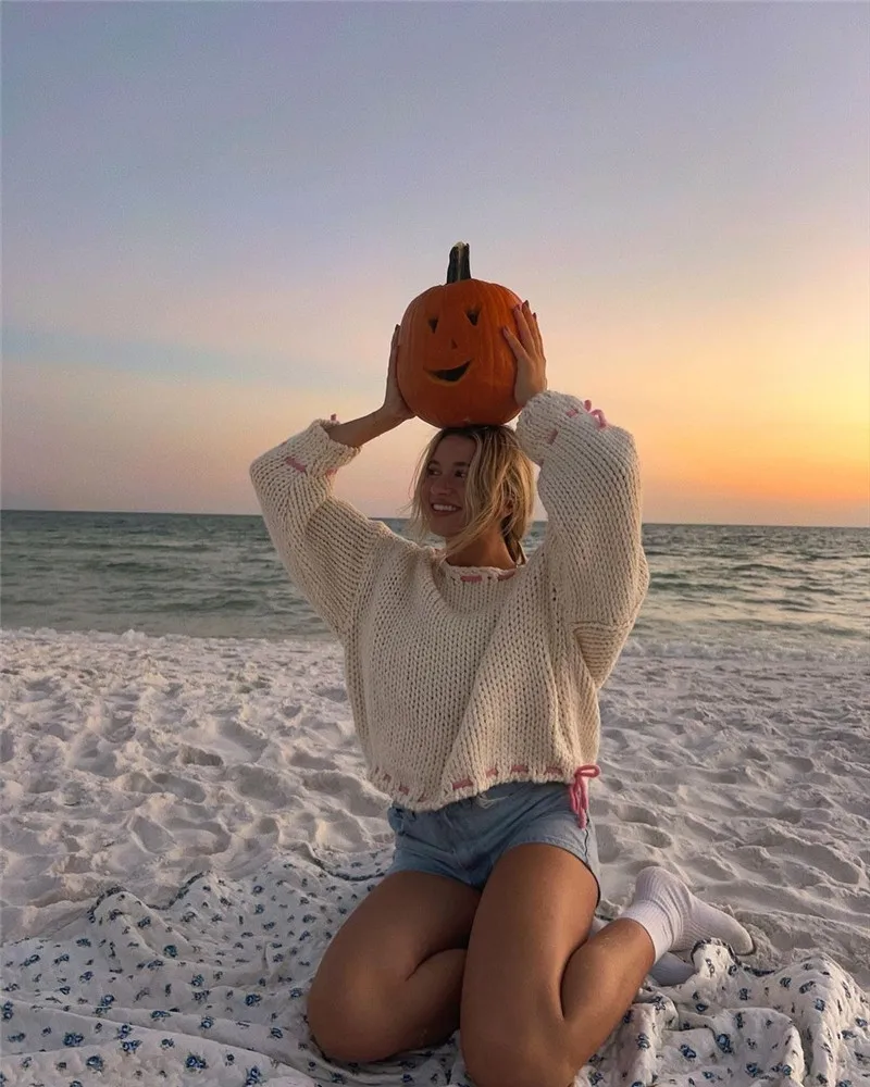 2024 Autumn Casual Skew Neck Knit Pullover Women Loose Lace Up Sweater Female Off Shoulder Patchwork Long Sleeves Top Outwear