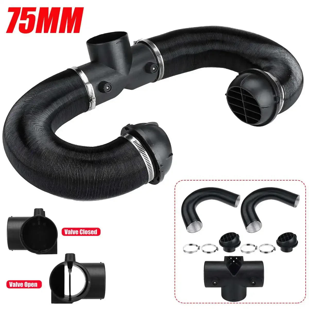 

75mm Parking Heater Replacements Kit Heater Ducting Pipe + Valve Regulating Exhaust Separate Connector + Air Vent Outlet