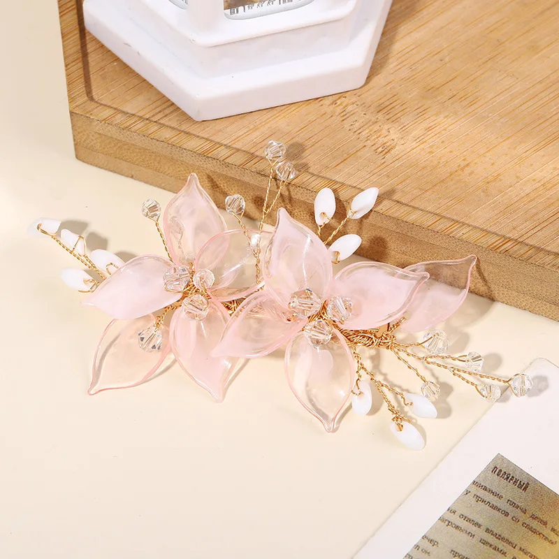 Pink Flower Hair Clips for Bride Wedding Hair Accessories Crystal Floral Hairpins Pearl Headpiece for Women Party Hair Jewelry