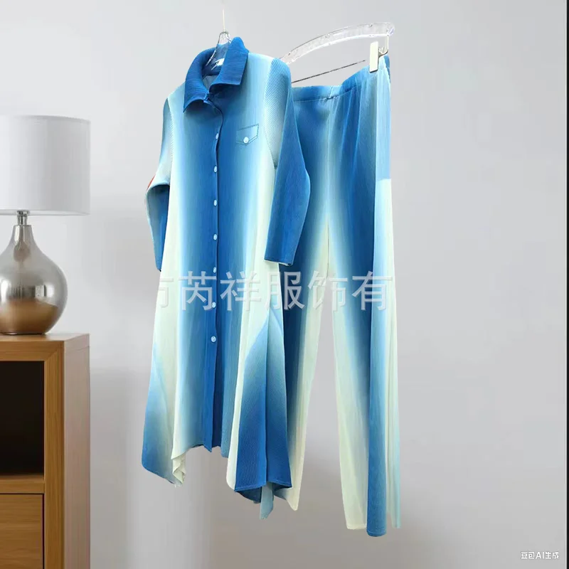 

Miyake Pleated Trouser Set Pleats Gradient Lapel Plisse Top Leg Straight Leg Trousers Fold Two Piece Set Pleat Women's Clothing