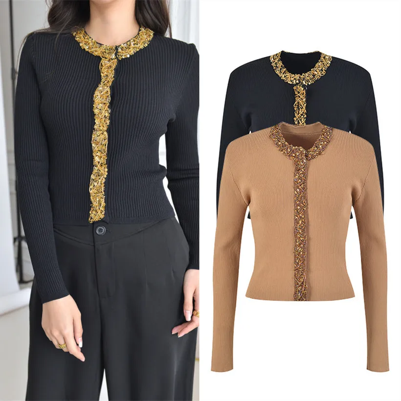 

Long Sve Knitted Sweater Heavy Embellied Pearl Base Layer Slim Fit Open Cardigan Women's Premium Quali Euro ...