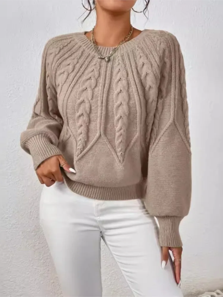 

Female Simple Style Solid Knitted Sweater Fashion Twist Design Long Sleeves Loose Short Pullover Spring Autumn Ladies Sweaters