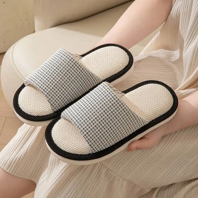 Home Slippers Women's Linen Slippers Indoor Household Plaid Simple Cloth Cotton Linen Indoor Sandals