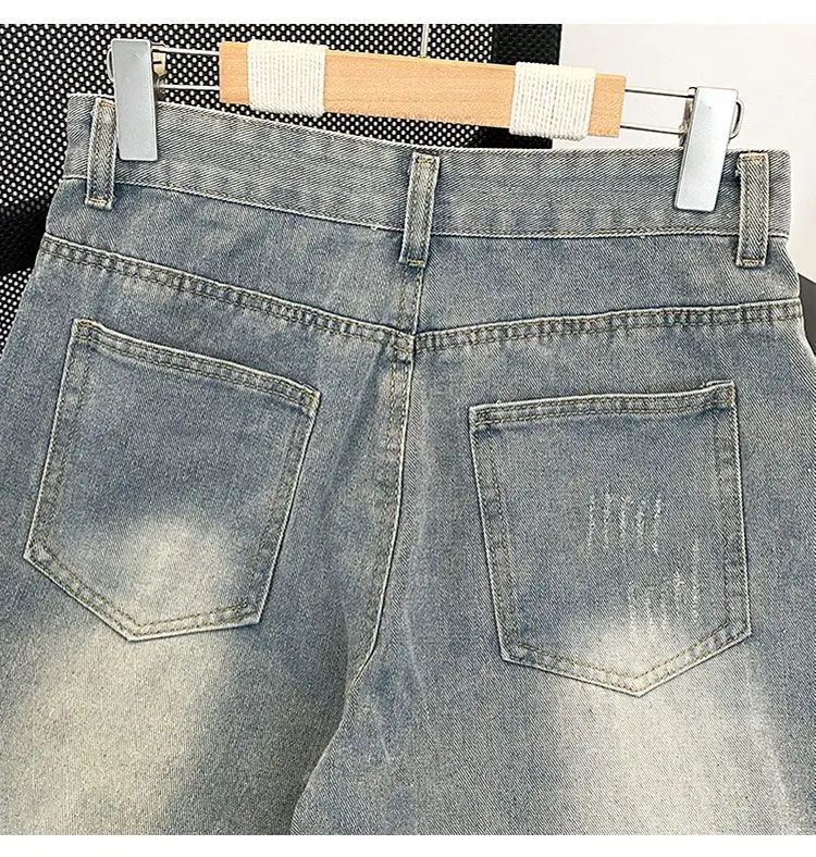 ผู้ชายห้าจุดฉีกยีนส์ฤดูร้อนบางหลวมล้างทําความสะอาดได้เก่ากางเกงขนาดกลาง