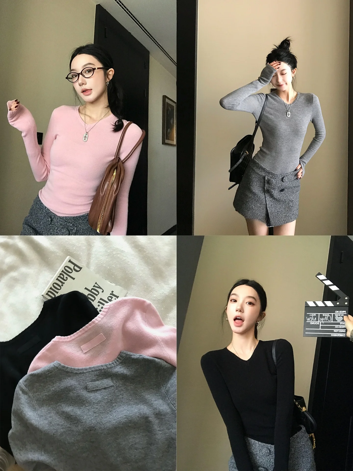 

Mumu Wang 00% Wool V-Ne Knitwear 48 Stitches Inner Wear Top Simple Casual Commute Sle Slim Fit Long Sve ort Length