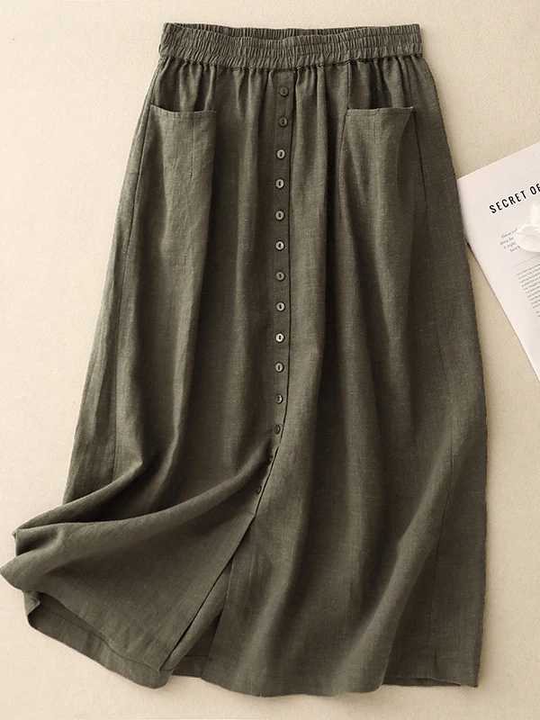 High Waist A-Line Cotton Linen Half Skirt Women's Workwear Style Button Design Comfortable Fit Summer Season Fashion Trend