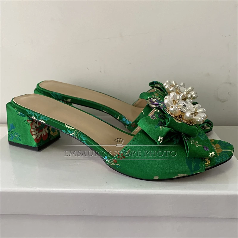 Crystal Diamond Buckle Bowknot Sandals Women Luxury Embroidery Satin Square Heel Slingbacks Summer Mules