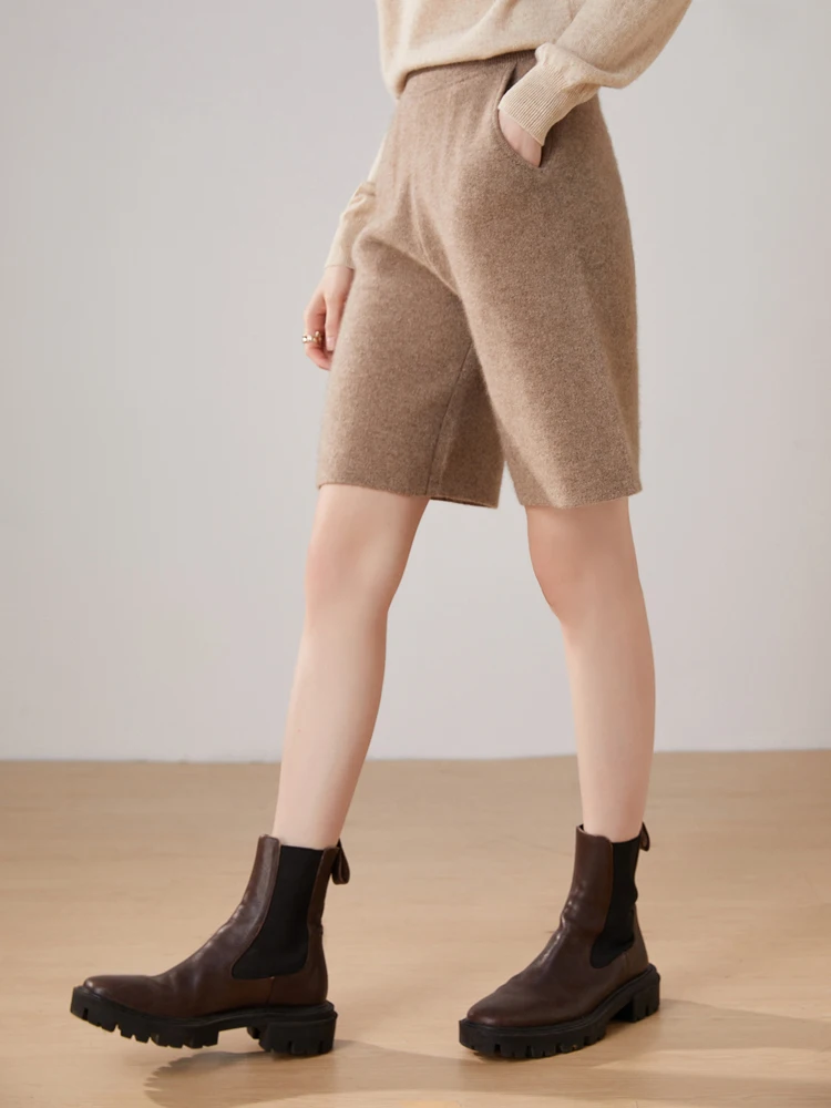 Women Pure Cashmere Shorts Elastic Waist Casual Straight Shorts Autumn Winter 100% Cashmere Knitted Fit Pocket Solid Short Pants