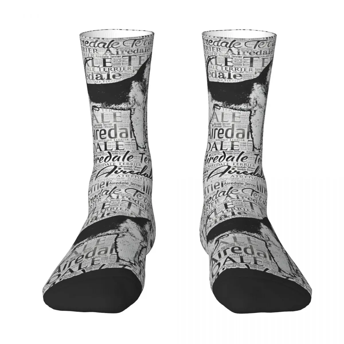 Vintage Airedale Terrier Monotone Word Art Men's Socks Unisex Street Style Seamless Printed Funny Crew Sock Gift