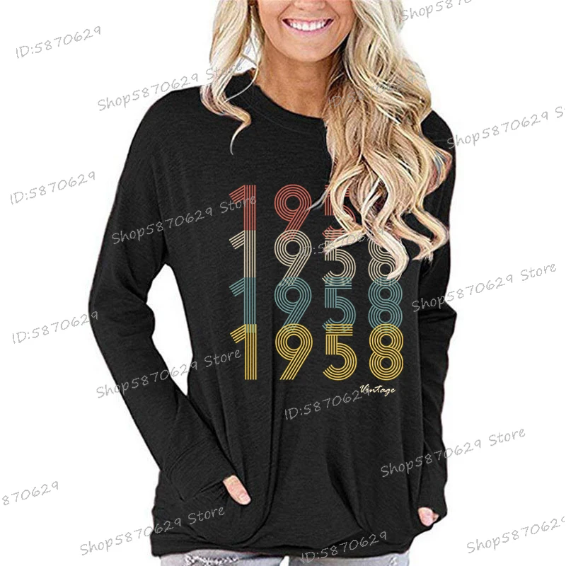 Hot Sale Birthday Anniversary T-Shirt Women 1958 Vintage Casual Long Sleeve T-shirts Funny Fashion Gifts For Mom Wife Tops Tees