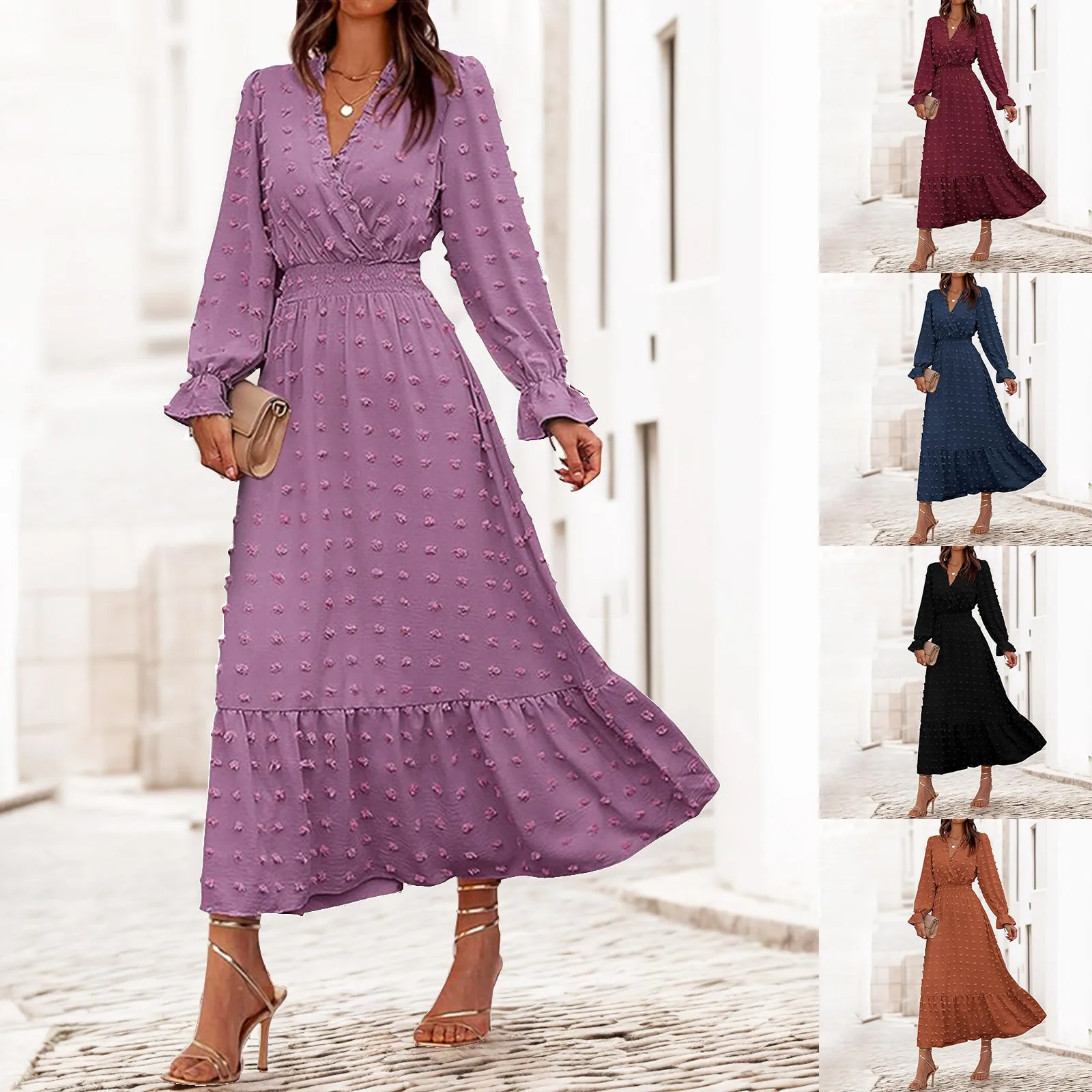 

Women Autumn Dresses Dot Applique V Neck Belted Tight Skirts High Waist A-Line Ruffle Hem Dresses Bohemian Wedding Party Dress