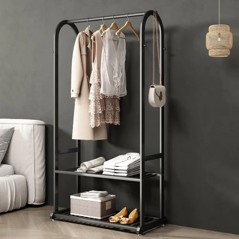 heavy duty clothes rack,small clothing rack for hanging clothes,metal garment rack with bottom shelves and side 6 hooks,rack for