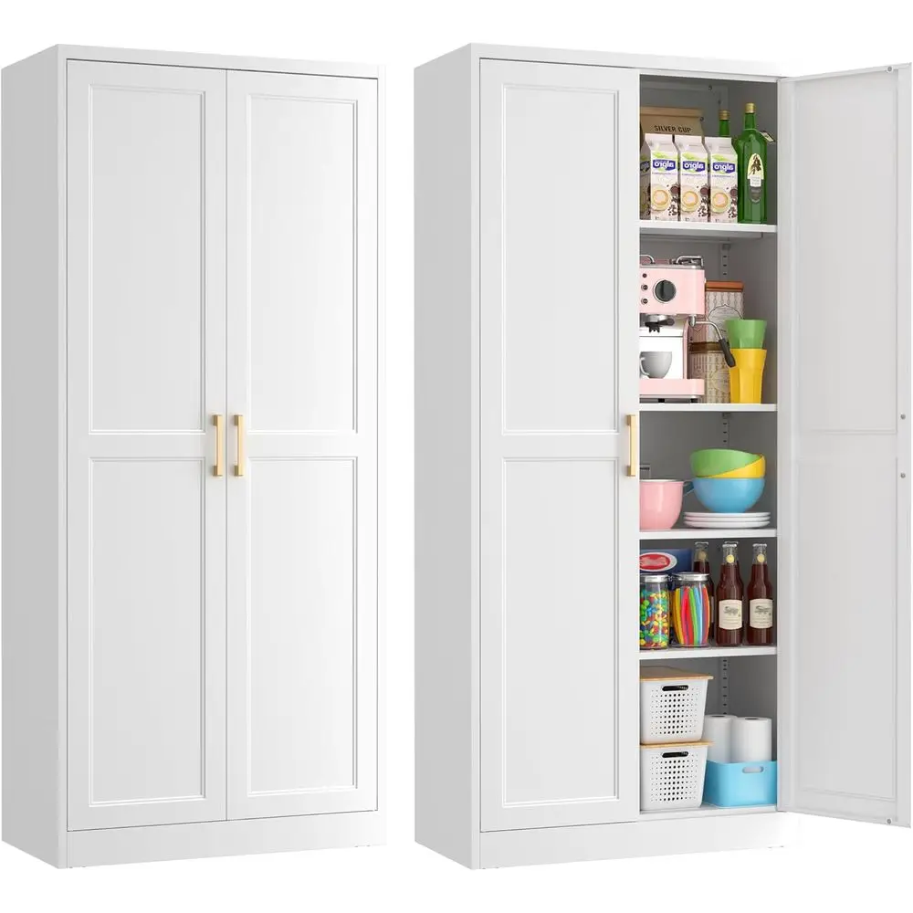 

71 White Metal Pantry Cabinet with 4 Adjustable Shelves and Gold Handles for Kitchen, Dining, Living Room, and Bathroom Storage